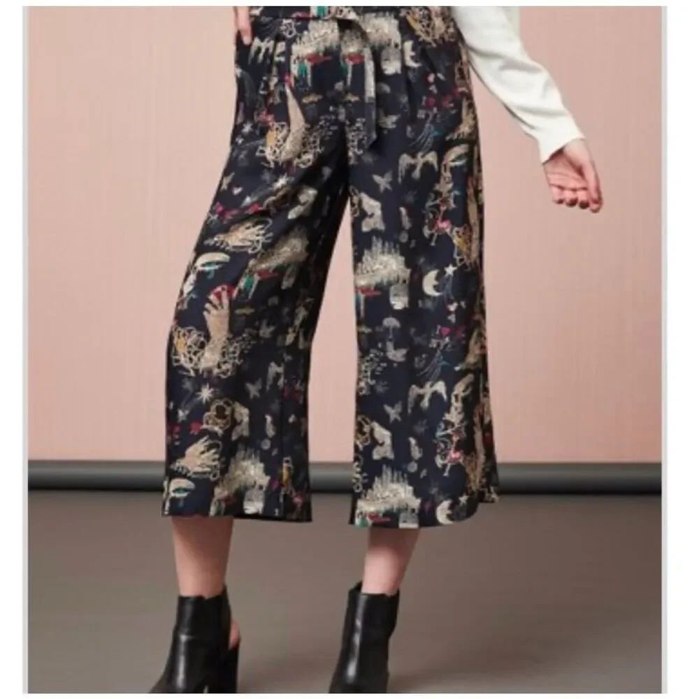 Nicole Miller Wide Leg Cropped Holiday Pants multi-color print size S